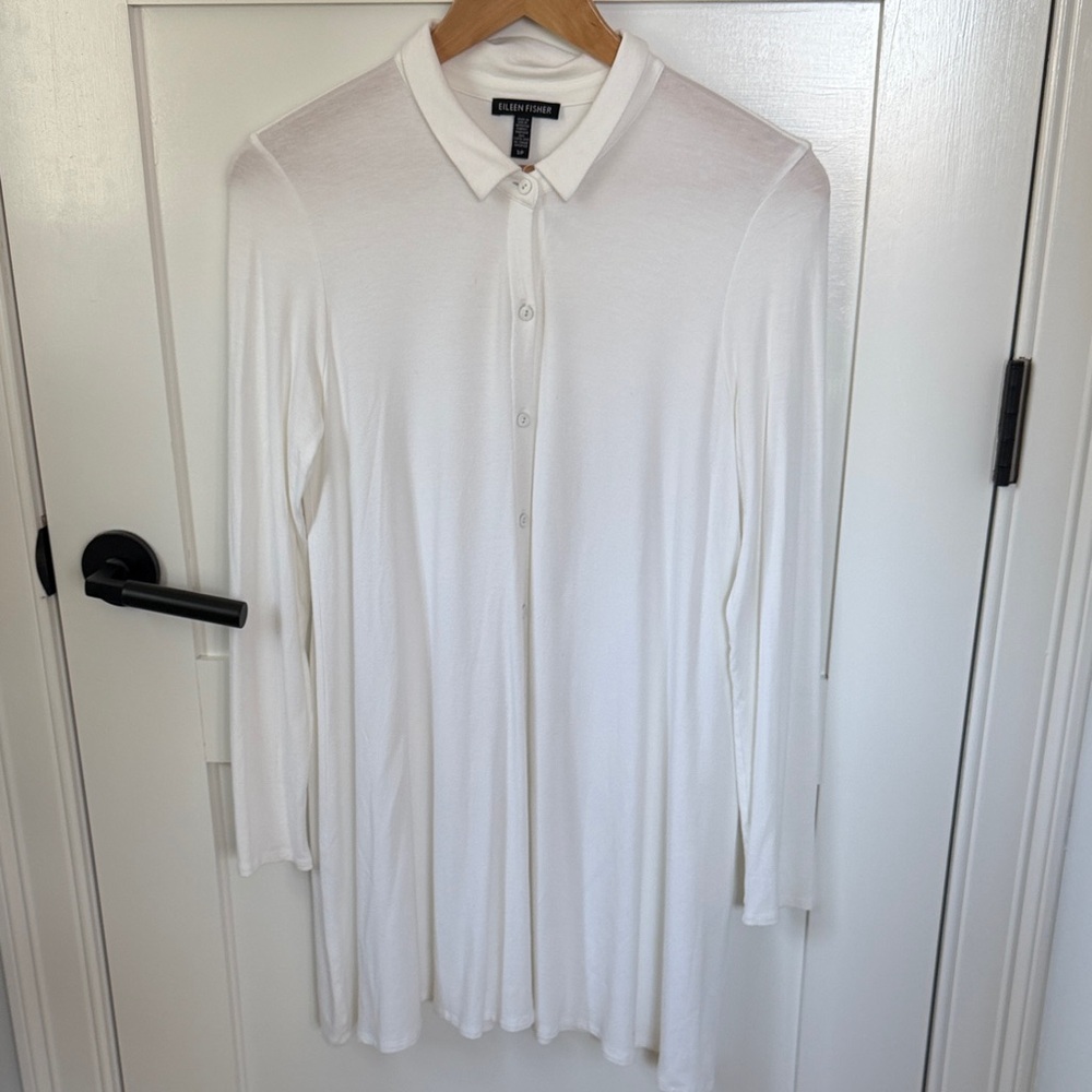 Eileen Fisher White Long-Sleeve Button-Down Tunic Mini Dress Small